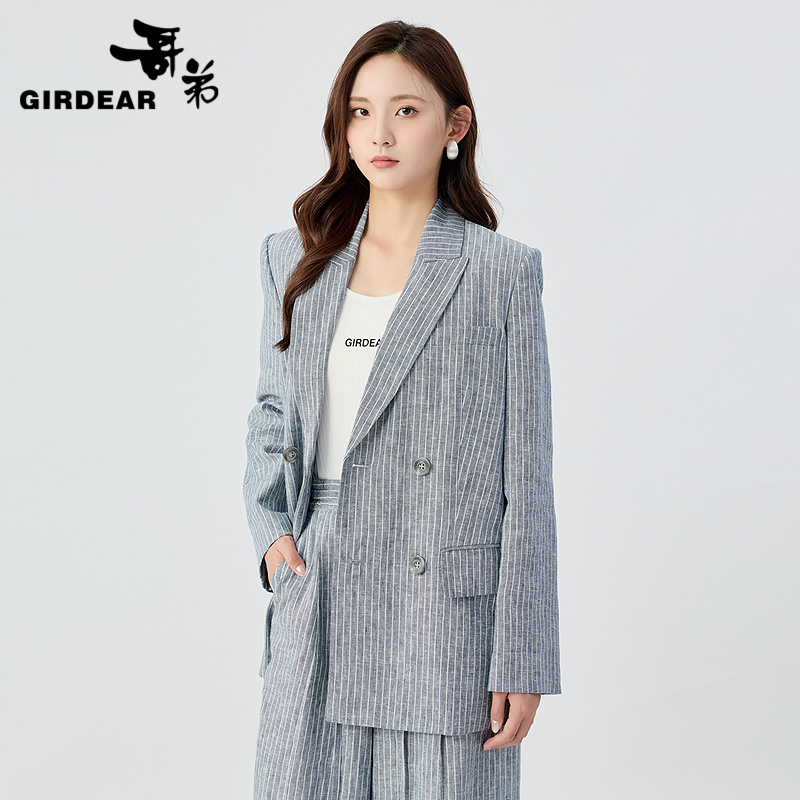 哥弟   双排扣H版廓形亚麻西装140025