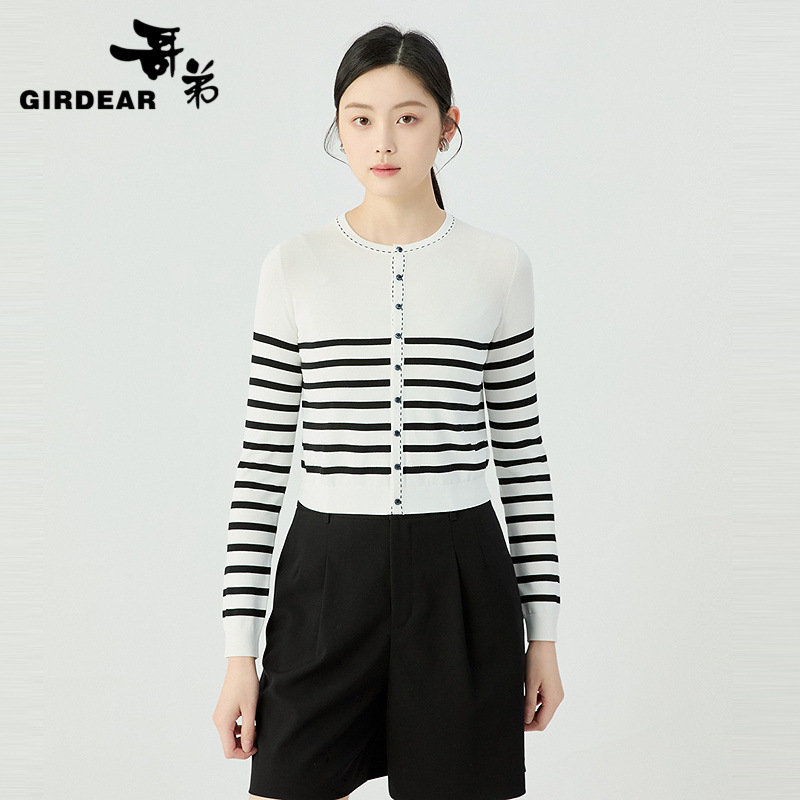 哥弟  圆领法式小香条纹开衫148006