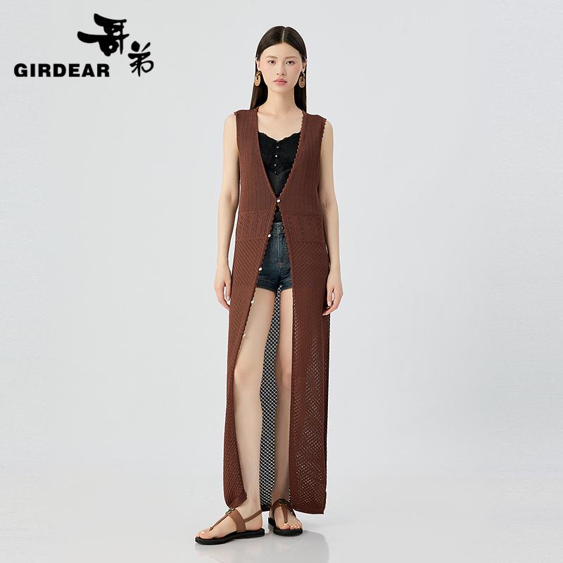 哥弟  波西米亚风无缝镂空长款无袖针织开衫148028