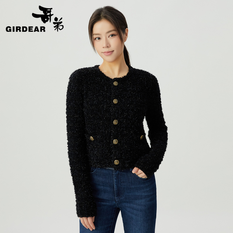 哥弟 圆领气质小香风羊毛针织开衫外套1499215