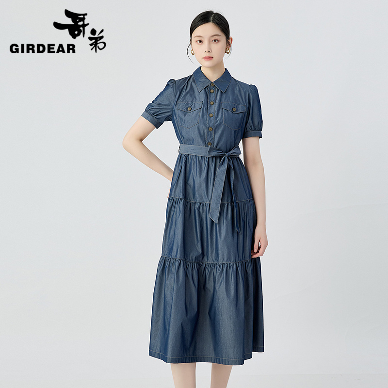 哥弟  复古仿牛仔花纱衬衫领短袖连衣裙150001