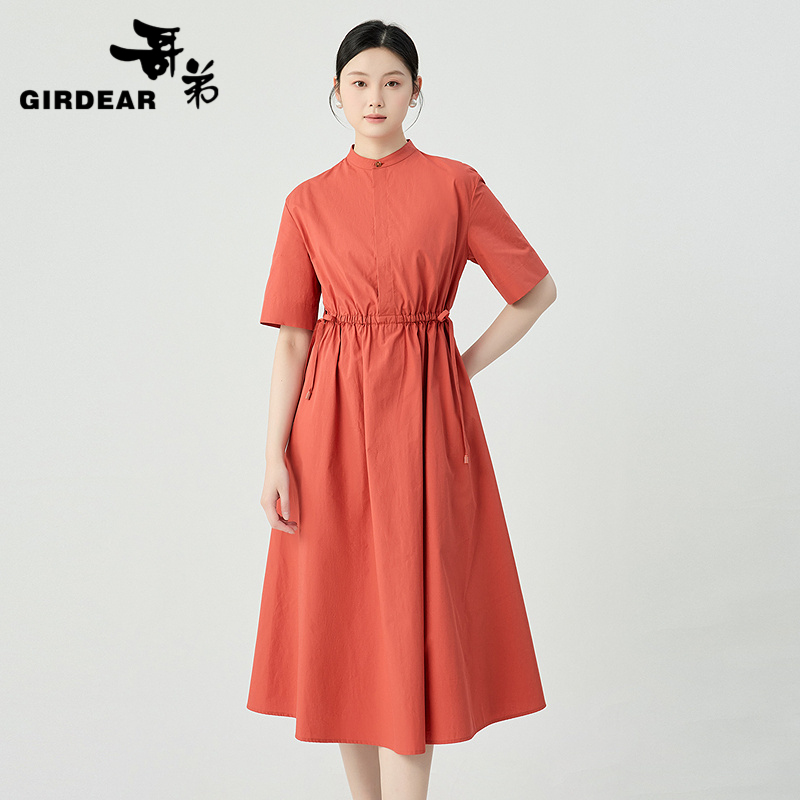 哥弟  立领松紧收腰纯棉短袖连衣裙150011