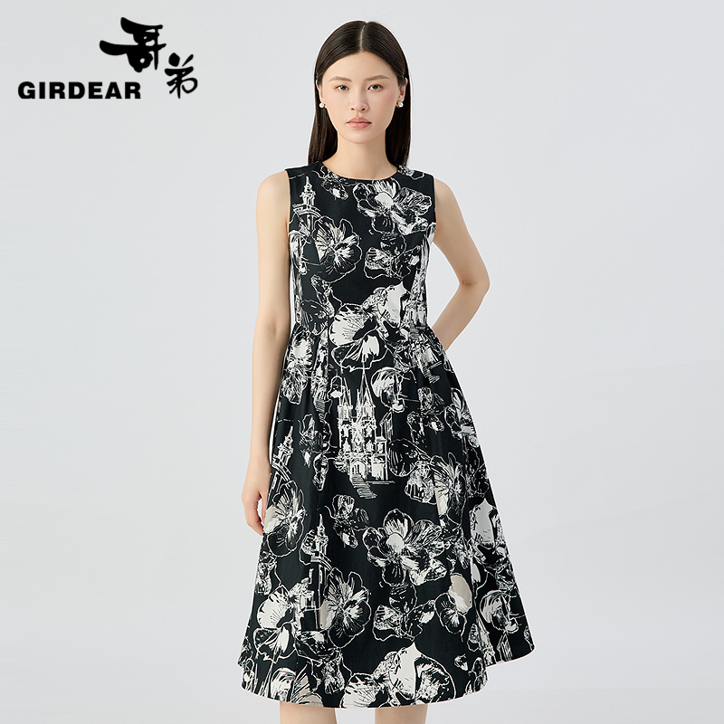 哥弟  圆领收腰A字版无袖印花连衣裙150016