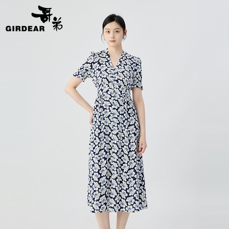 哥弟  V领排扣开叉设计收腰短袖连衣裙150026