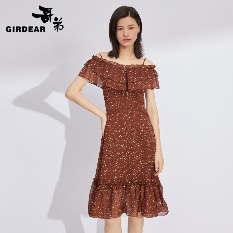 哥弟 露肩高腰连衣裙1500360