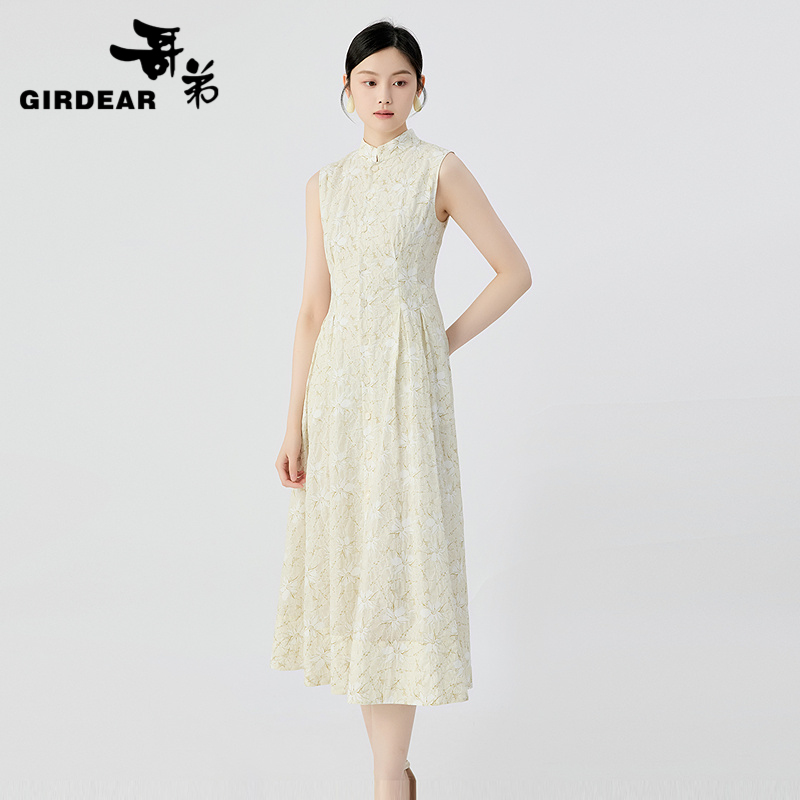 哥弟 清雅新中式小立领机理印花无袖洋装1500535