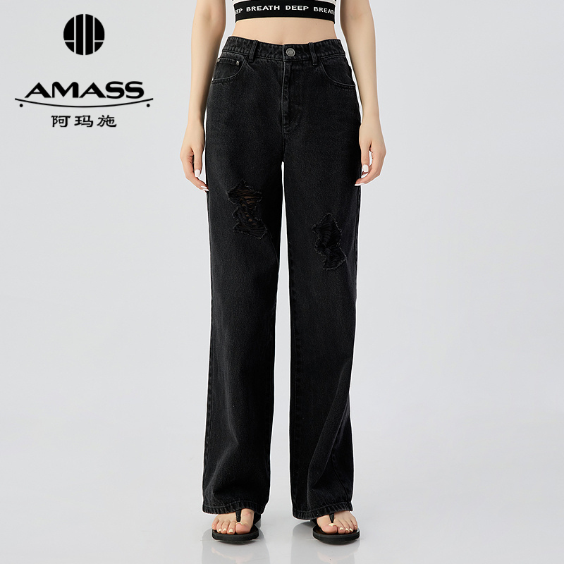 阿玛施AMASS 百搭高腰水洗破洞宽腿牛仔长裤510008