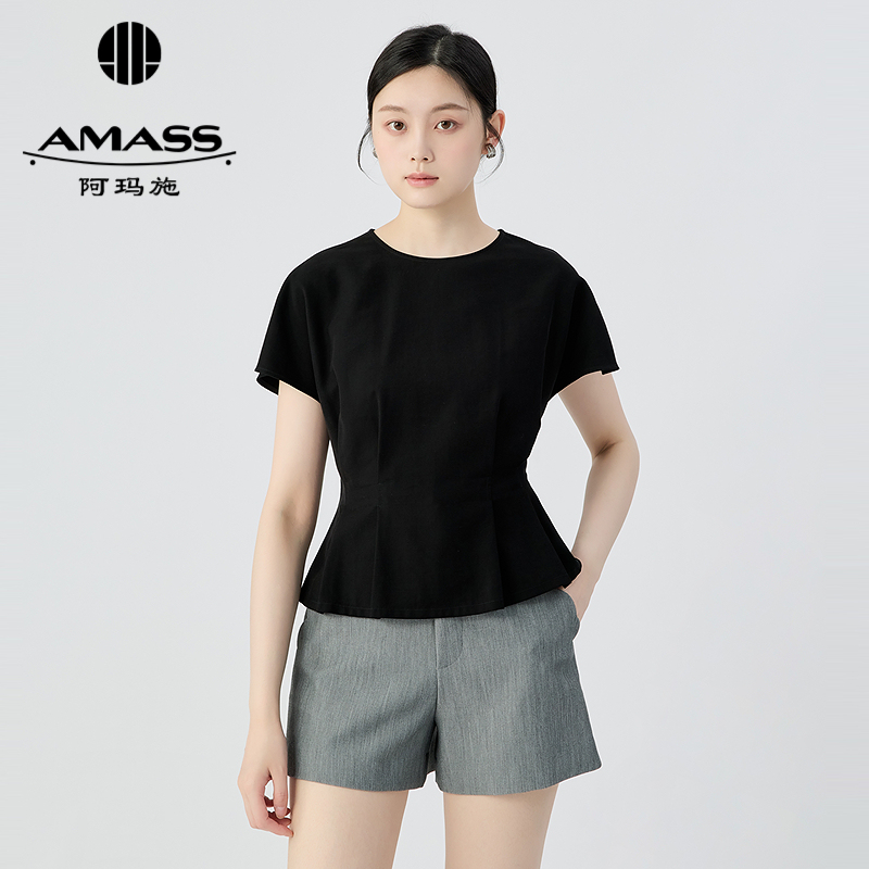阿玛施AMASS 新款简约素色显瘦后腰抓褶小飞袖上衣530003