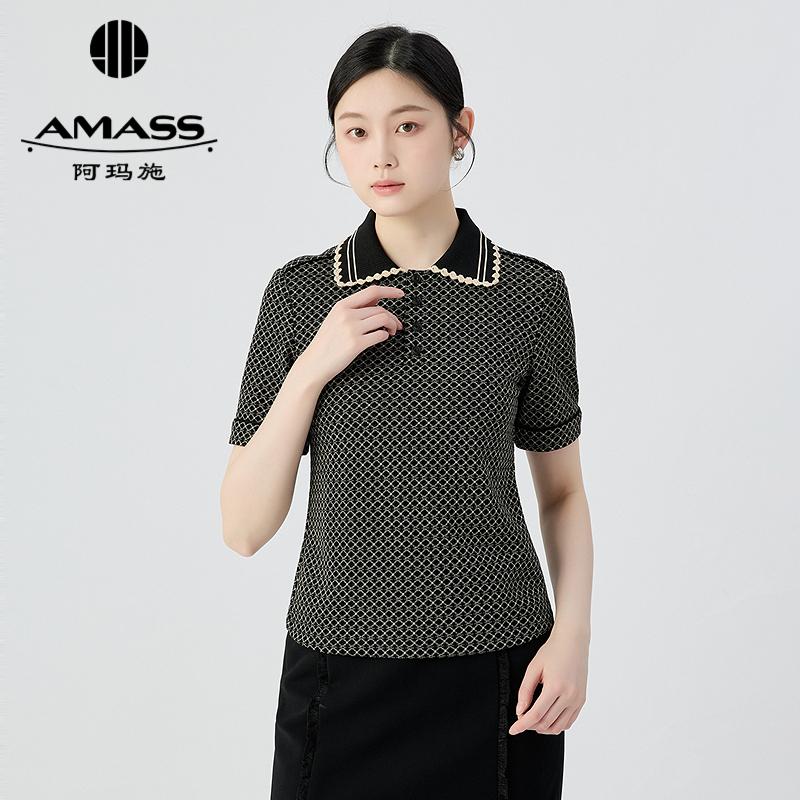 阿玛施AMASS 气质百搭款拼接设计Polo领格纹T恤530008