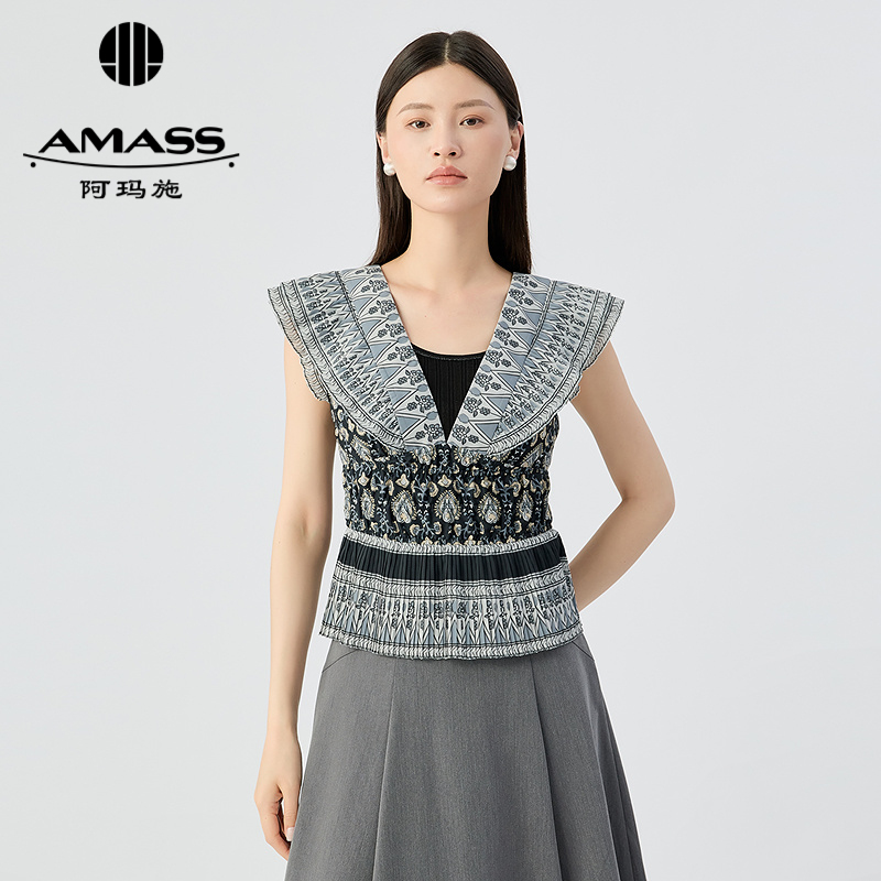 阿玛施AMASS 波米西亚民族风印花压褶大V领后背绑带无袖上衣530011