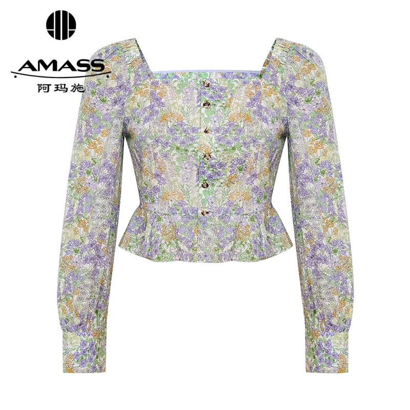 阿玛施AMASS 浪漫碎花方领褶皱花边长袖短款收腰衬衫530044