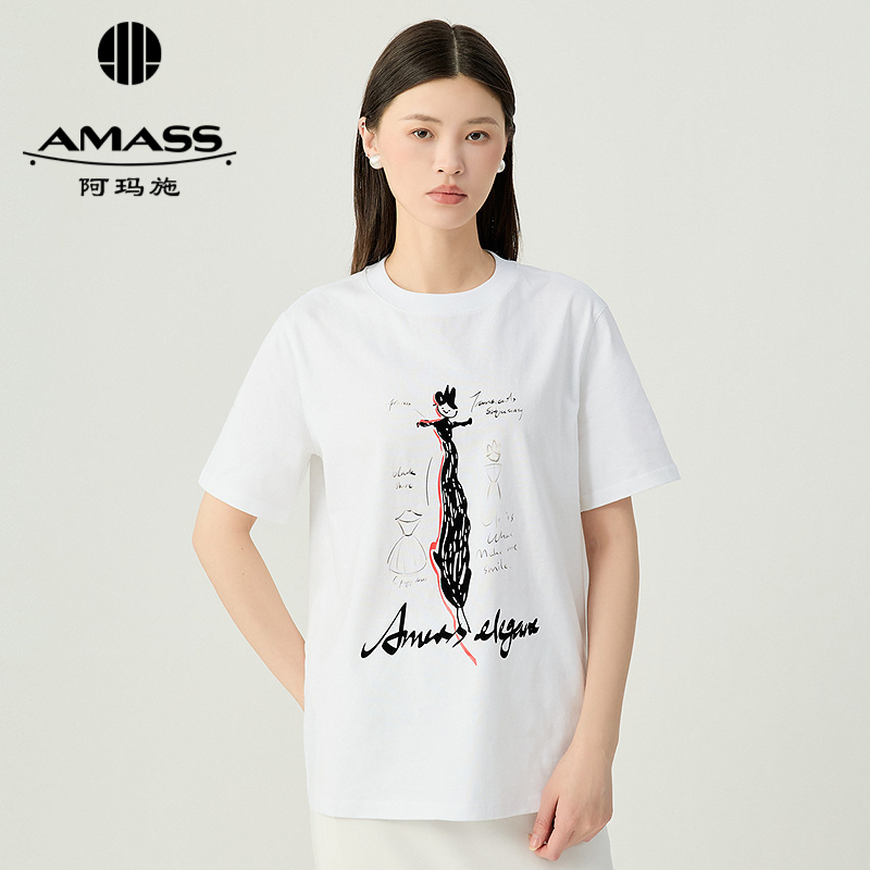 阿玛施AMASS 简约舒适印花休闲圆领T恤530092