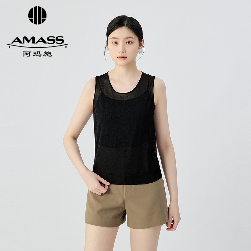 阿玛施AMASS 简约舒适透气圆领背心式外罩衫针织衫538024