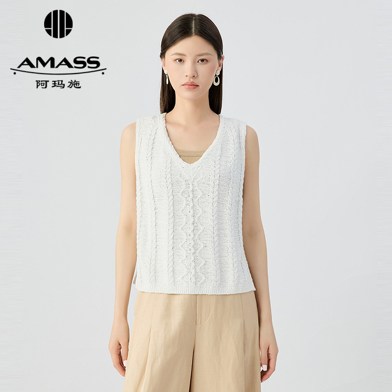阿玛施AMASS 纯色百搭后背假排扣设计V领针织马甲538073