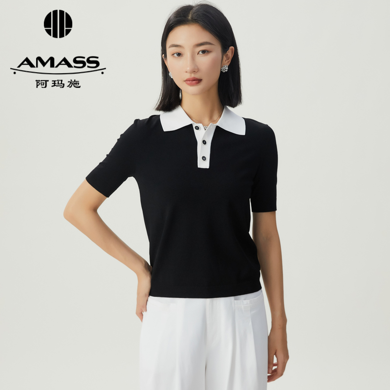 阿玛施AMASS 一线成衣POLO领拼色冰丝短袖针织上衣5399689