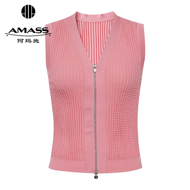 阿玛施AMASS 时髦修身V领波浪竖坑纹拉链针织马甲548027