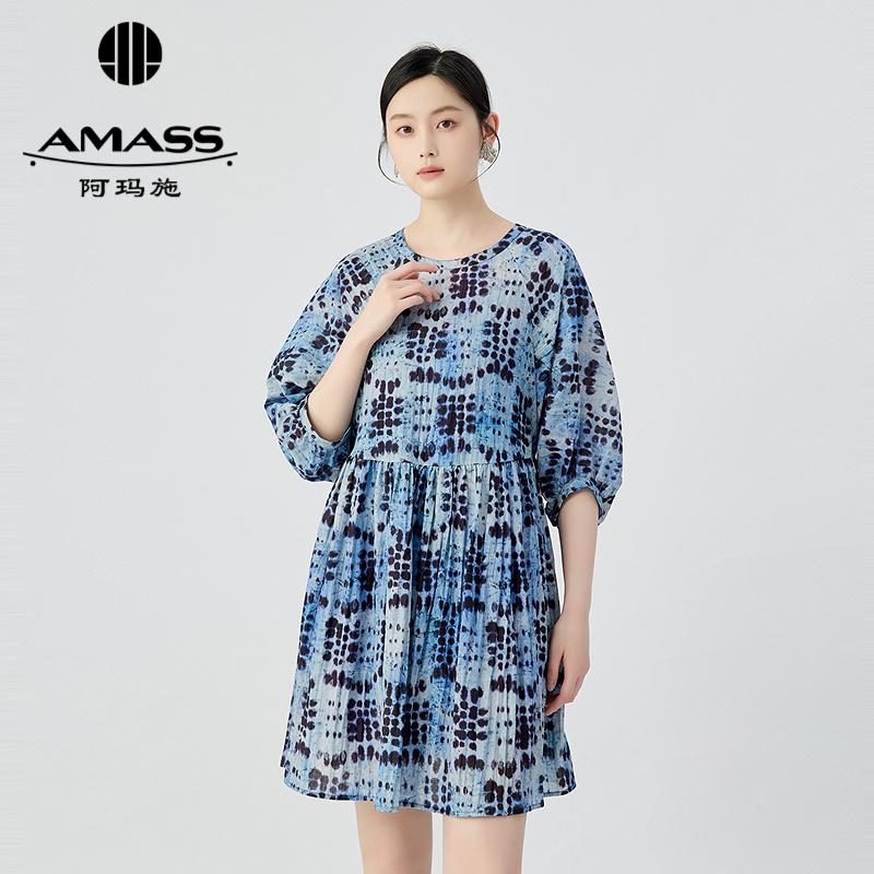 阿玛施AMASS 优雅气质泡泡袖腰间抽褶设计两件套连衣裙550019