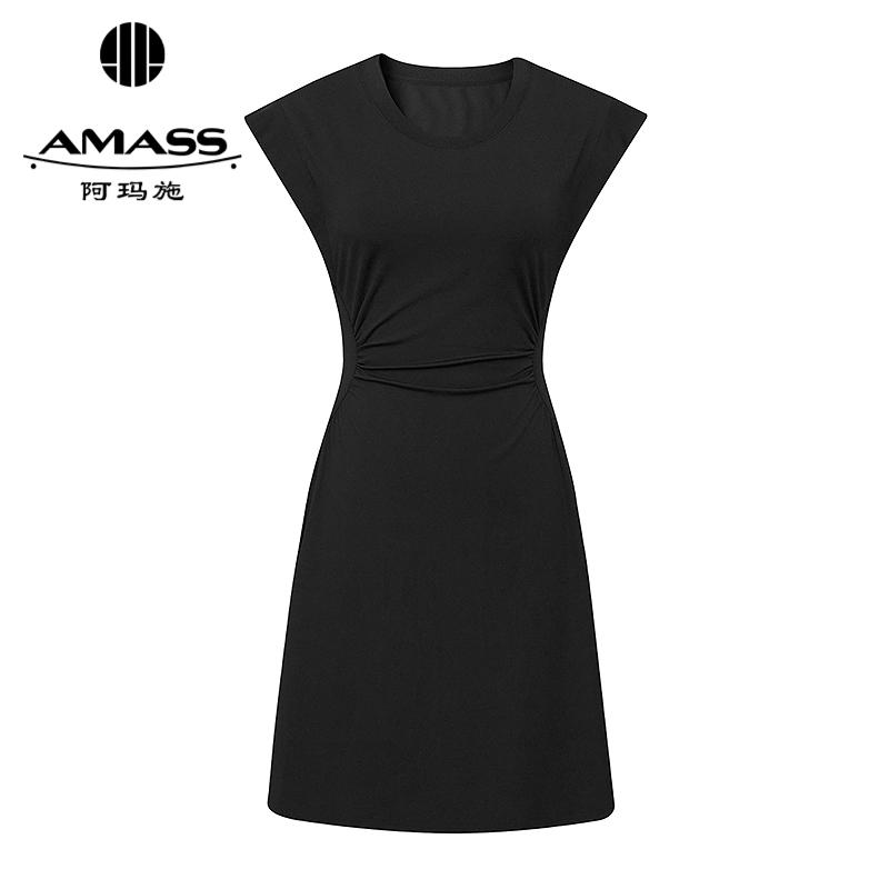 阿玛施AMASS 简约质感收腰设计圆领落肩袖短款连衣裙550032