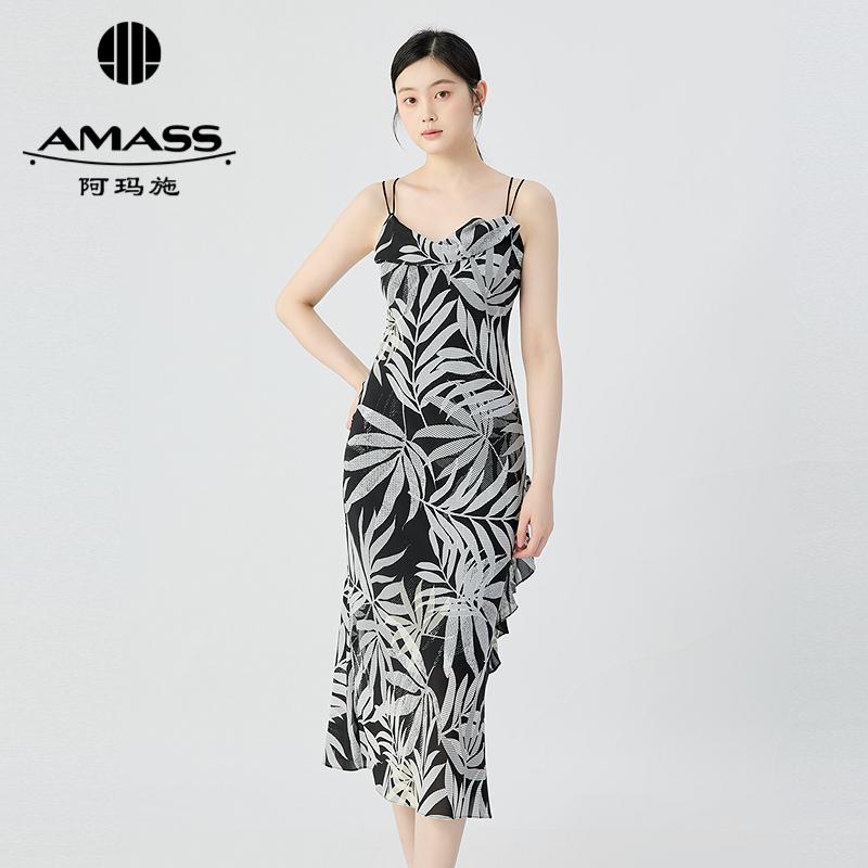 阿玛施AMASS 浪漫印花荡领修身吊带连衣裙550045