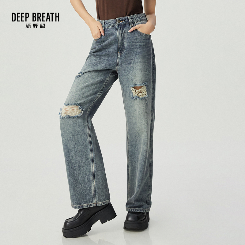 DEEP BREATH深呼吸女装 复古洗水破洞直筒裤牛仔裤长裤A100329