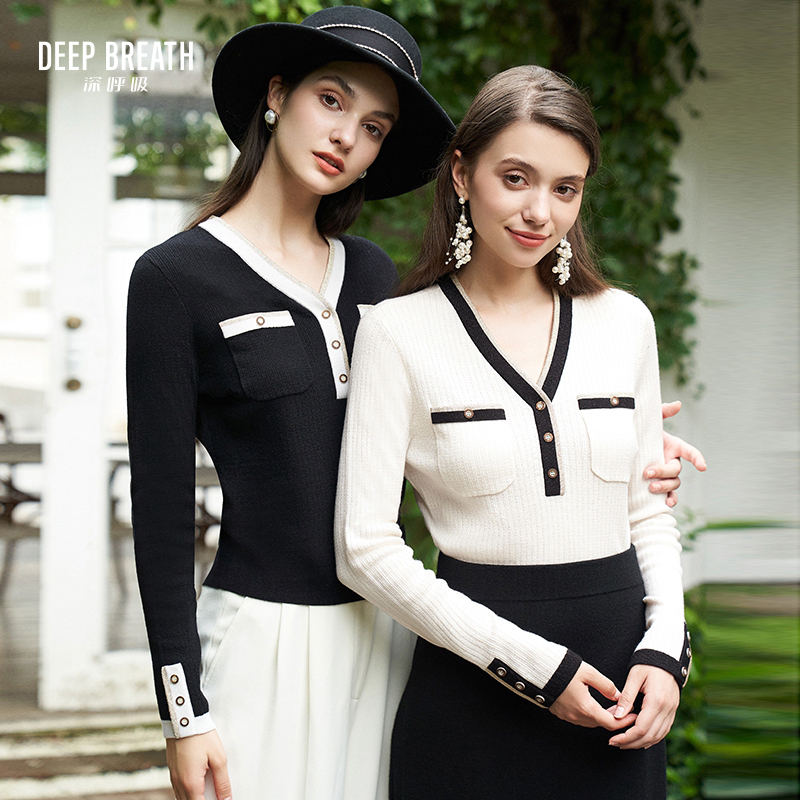 DEEP BREATH深呼吸女装 简约长袖拼色V领装饰扣小香风针织衫A301120