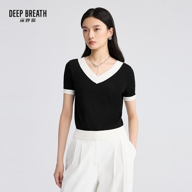 DEEP BREATH深呼吸女装 简约拼色中袖大V领拼色针织衫上衣A301238