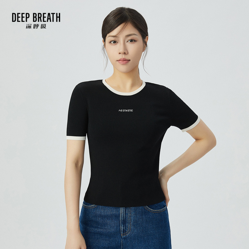 DEEP BREATH深呼吸女装 小圆领拼色短袖针织衫A301271