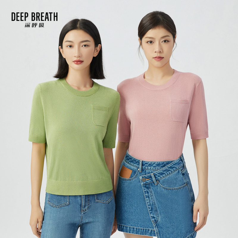 DEEP BREATH深呼吸女装 二醋酸圆领针织衫短袖针织上衣A301278