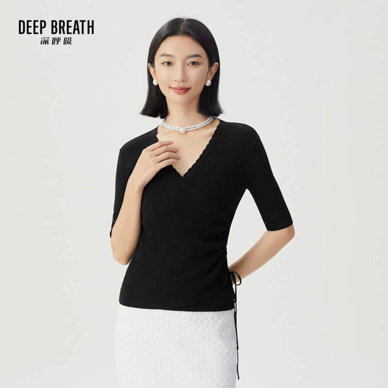 DEEP BREATH深呼吸女装 简约V领抽褶抽绳波浪边三醋酸针织上衣A301499