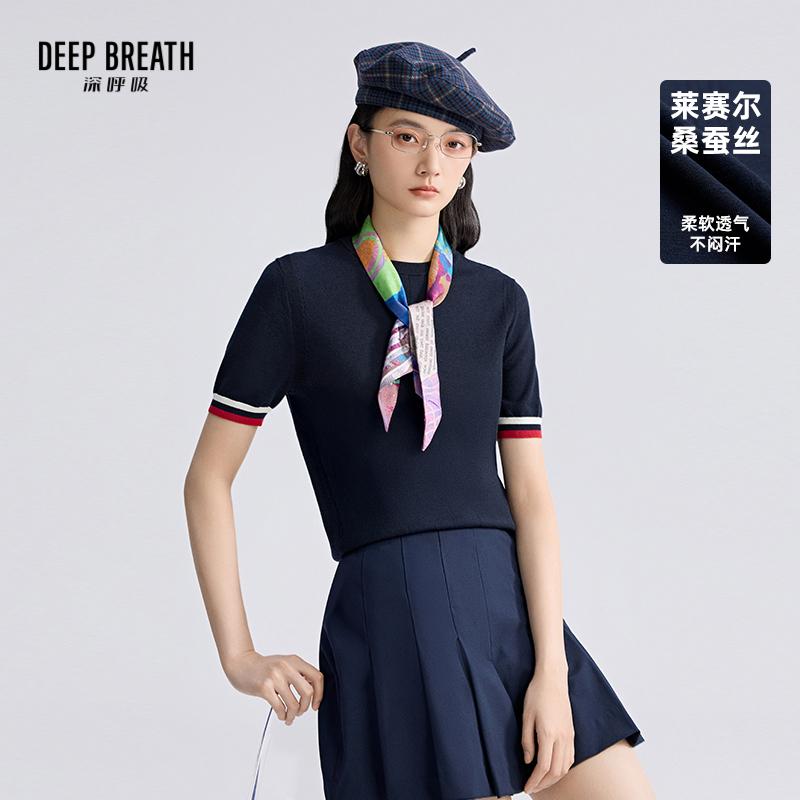 DEEP BREATH深呼吸女装 新款圆领拼色挑孔条纹上衣针织衫A301614