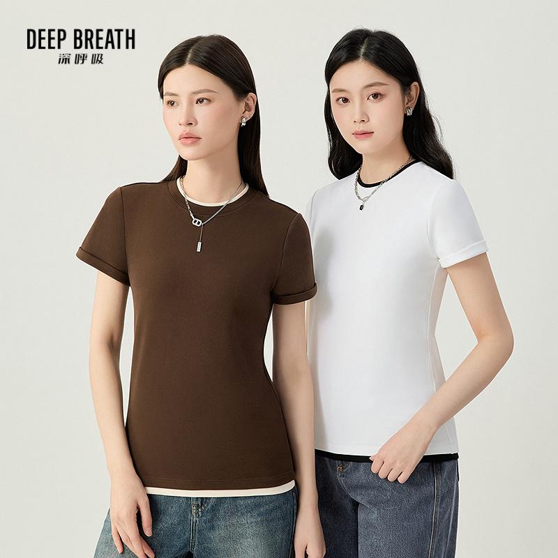 DEEP BREATH深呼吸女装 新款时尚圆领磨毛假两件T恤上衣A301737