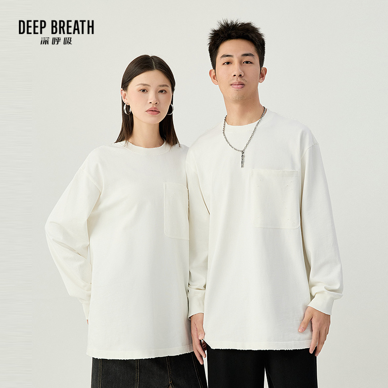 DEEP BREATH深呼吸男女同款 圆领大口袋设计破洞T恤卫衣A301810