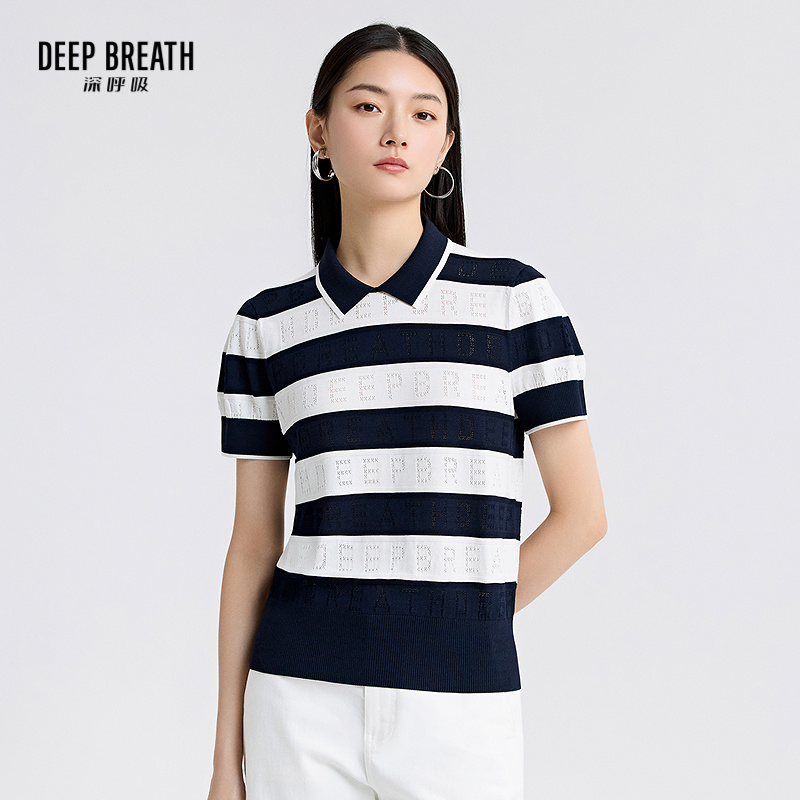 DEEP BREATH深呼吸女装 新款POLO领宽松直身挑孔撞色针织衫A301907