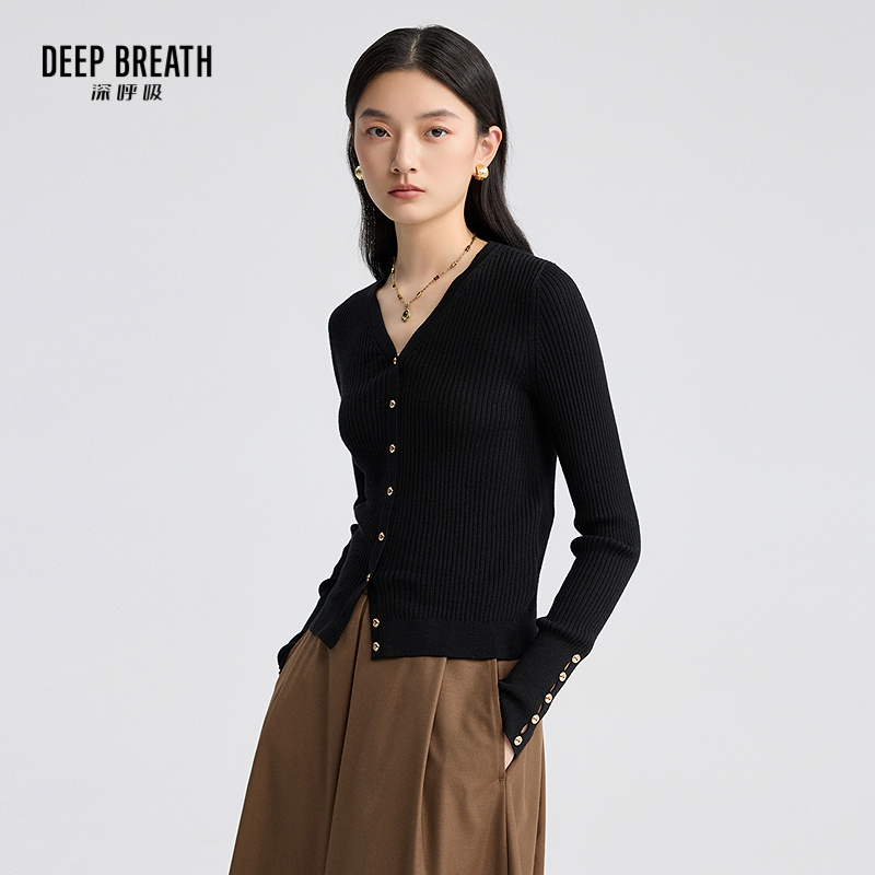 DEEP BREATH深呼吸女装 简约V领金属扣羊毛针织衫针织外套A400845