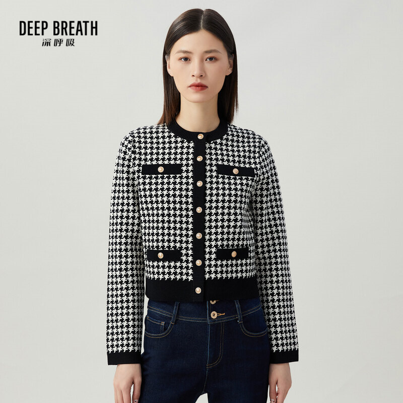 DEEP BREATH深呼吸女装 小香风拼色假口袋针织衫开衫外套A400853
