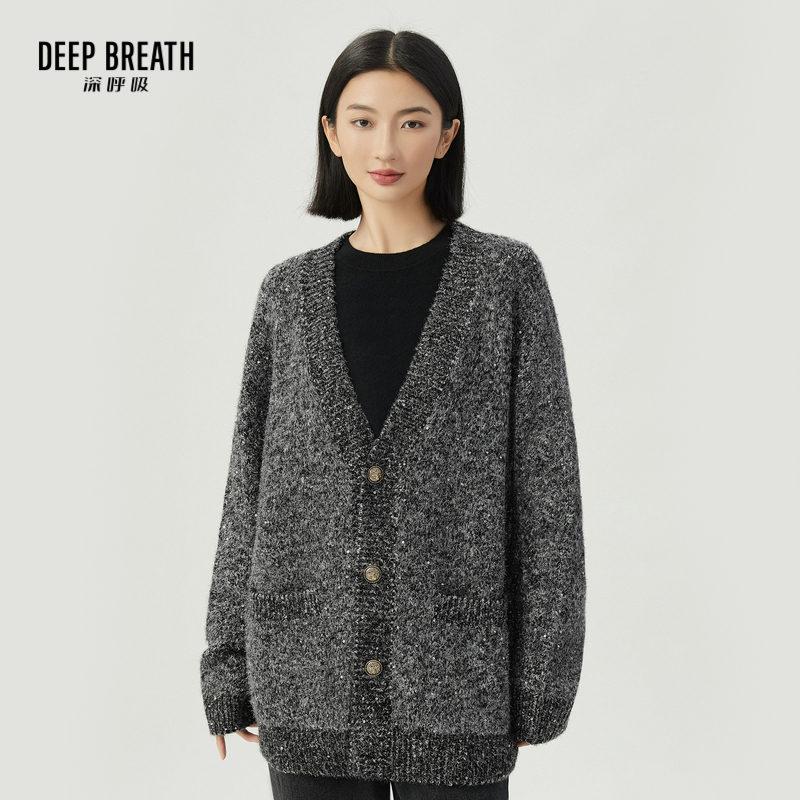 DEEP BREATH深呼吸女装 V领珠片金银丝小香风纯色宽松开衫A400936