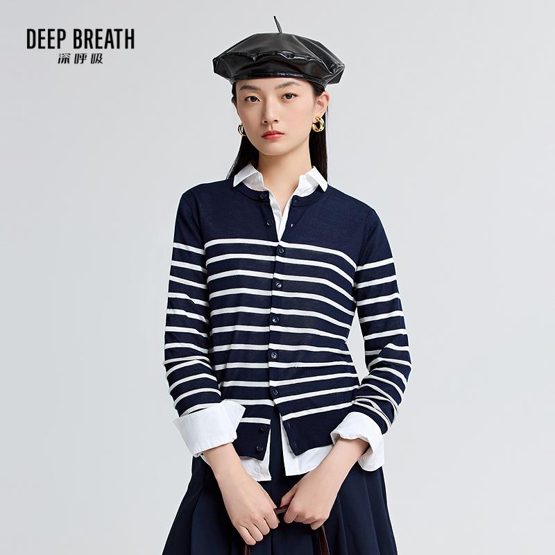 DEEP BREATH深呼吸女装 圆领拼色春夏长袖三醋酸针织开衫上衣A401101