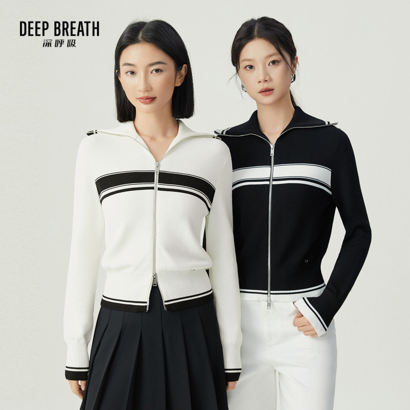 DEEP BREATH深呼吸女装 翻领双拉链拼色条纹针织开衫外套A401120
