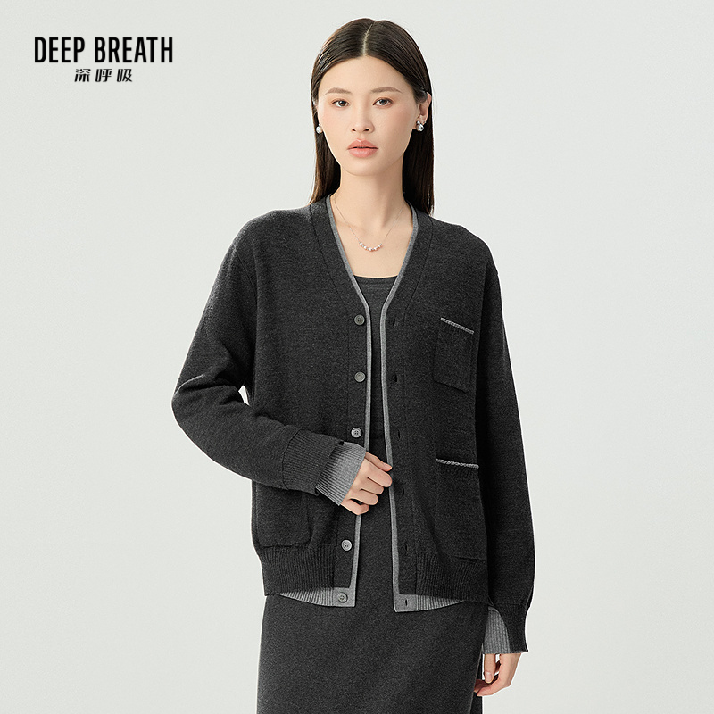 DEEP BREATH深呼吸女装 新款V领廓形假两件拼色针织开衫A401362