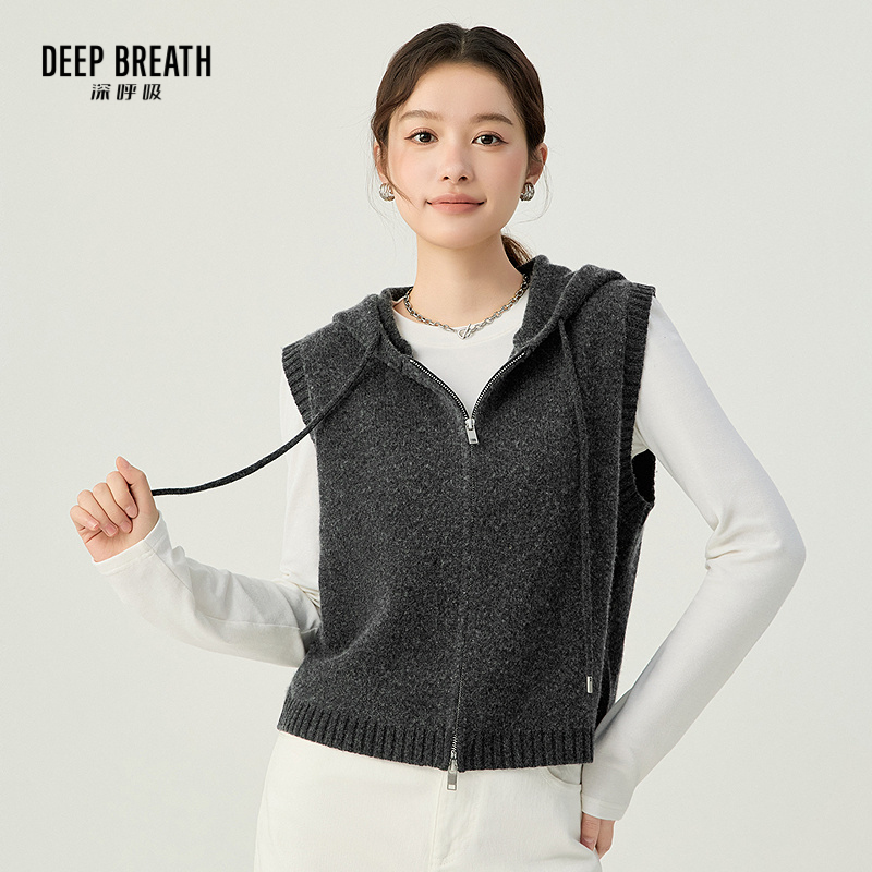 DEEP BREATH深呼吸女装 新款连帽双头拉链无袖针织马甲开衫A401365