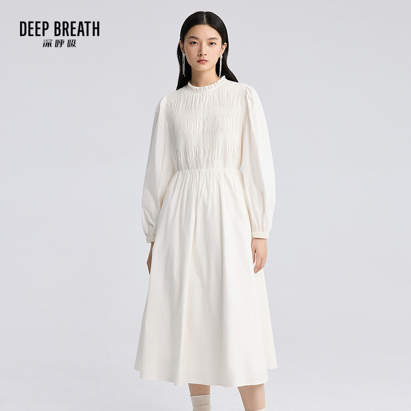 DEEP BREATH深呼吸女装 小立领泡泡袖长袖长款衬衫连衣裙A500453
