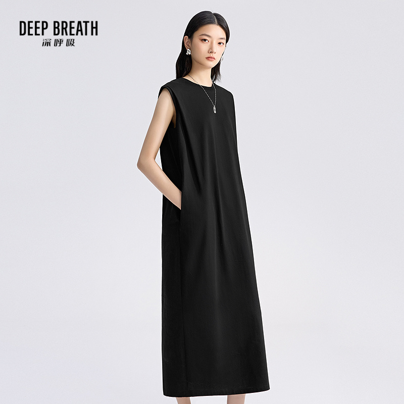 DEEP BREATH深呼吸女装 新款垫肩无袖造型宽松长款连衣裙A500462