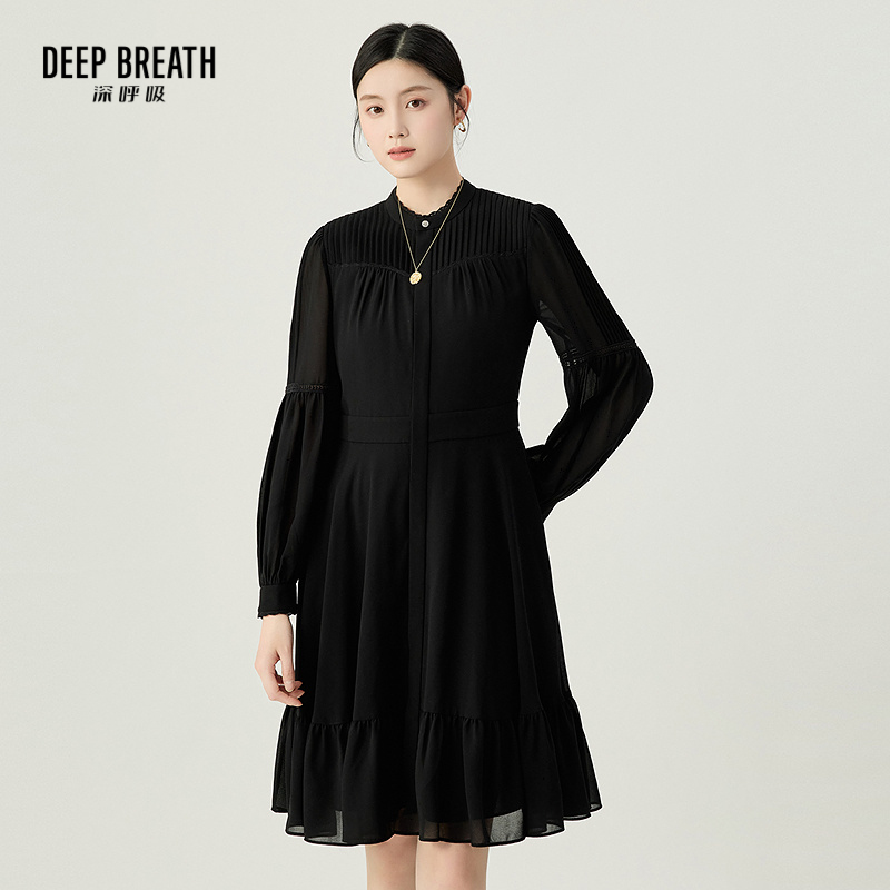 DEEP BREATH深呼吸女装 简约立领花边压褶长袖衬衫连衣裙A500473