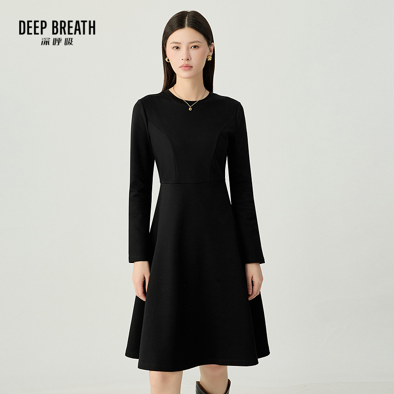 DEEP BREATH深呼吸女装 新款简约圆领长袖收腰大摆连衣裙A500491