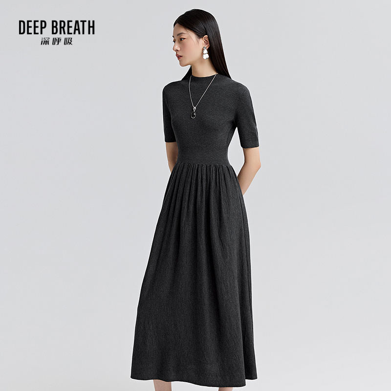 DEEP BREATH深呼吸女装 简约烟管领纯色高腰短袖针织连衣裙A500502