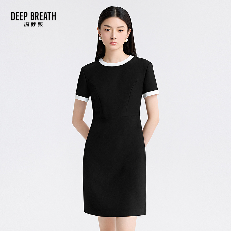 DEEP BREATH深呼吸女装 新款拼色合身高腰通勤短袖短连衣裙A500531