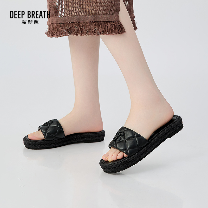 DEEP BREATH深呼吸女鞋 度假休闲菱格小香风草编底拖鞋AX14113