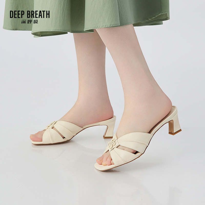 DEEP BREATH深呼吸女鞋 羊皮柔软捏皱粗跟静奢极简舒适高跟凉鞋AX14116