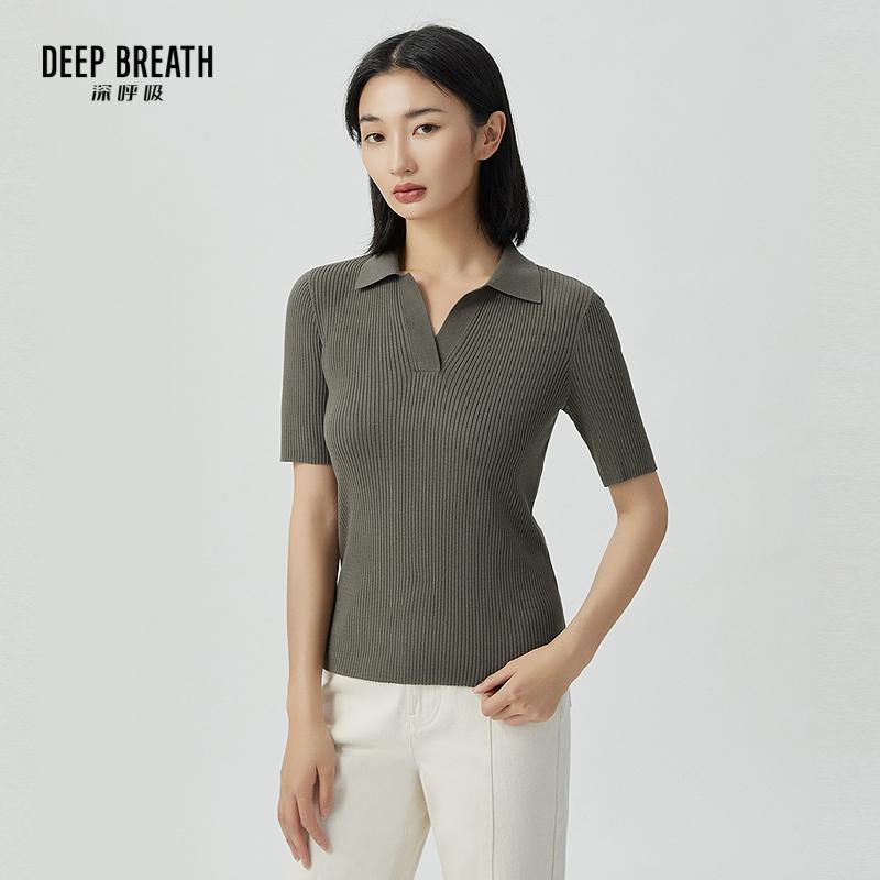 DEEP BREATH深呼吸女装 竖坑条V型翻领短袖针织衫上衣A301171