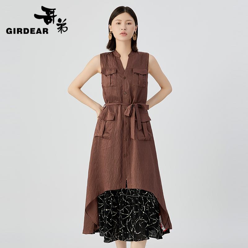 哥弟  小立领无袖长款系带衬衣130059